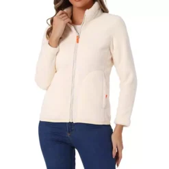 Full Zip Fleece Jacket For Women's Long Sleeve High Neck Jacket Winter Warm Coat