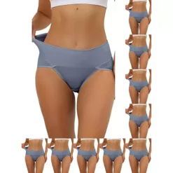 10 Packs Women's Hi-Cut Ribbed High Waist Tummy Control Underwear, Available In Plus Size -Fashion Clothing Store 7475173 Blue