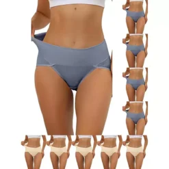 10 Packs Women's Hi-Cut Ribbed High Waist Tummy Control Underwear, Available In Plus Size -Fashion Clothing Store 7475173 Blue Beige 1