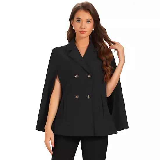 Double Breasted Blazer For Women's Notched Lapel Collar Office Cloak Cape Jacket 1 Double Breasted Blazer For Women's Notched Lapel Collar Office Cloak Cape Jacket