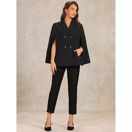 Double Breasted Blazer For Women's Notched Lapel Collar Office Cloak Cape Jacket 3 Double Breasted Blazer For Women's Notched Lapel Collar Office Cloak Cape Jacket - Image 3