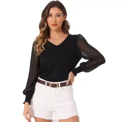 Mesh Contrast Top For Women's Semi Sheer Polka Dots Long Sleeve V Neck Casual Blouse Tops