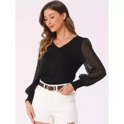 Mesh Contrast Top For Women's Semi Sheer Polka Dots Long Sleeve V Neck Casual Blouse Tops -Fashion Clothing Store 7475481 ALT2