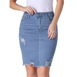 Women's Denim Skirt Ripped Raw Hem High Waisted Stretch Above The Knee Jean Skirts -Fashion Clothing Store 7477903 Light Blue 1