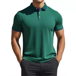 Men's Short Sleeve Contrast Color Summer Golf Formal Business Polo Shirts -Fashion Clothing Store 7477908 Dark Green