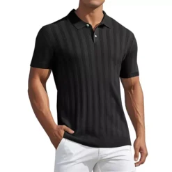 Men's Short Sleeve Button Regular Fit Knit Texture Polo Shirt -Fashion Clothing Store 7477923 Black