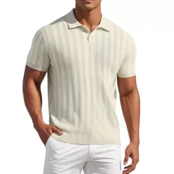 Men's Short Sleeve Button Regular Fit Knit Texture Polo Shirt -Fashion Clothing Store 7477923 Khaki 1