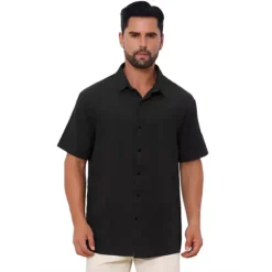 Men's Linen Shirts Short Sleeve Button Down Beach Summer Camp Collar Shirt -Fashion Clothing Store 7478052 Black