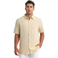 Men's Linen Shirts Short Sleeve Button Down Beach Summer Camp Collar Shirt -Fashion Clothing Store 7478052 Khaki