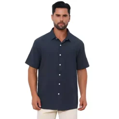 Men's Linen Shirts Short Sleeve Button Down Beach Summer Camp Collar Shirt -Fashion Clothing Store 7478052 Navy Blue