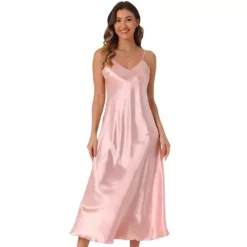 Satin Sleeveless Dresses For Women's V Neck Spaghetti Strap Evening Party Silky Maxi Dress -Fashion Clothing Store 7478707 Pink