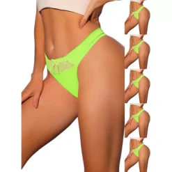 6 Packs Women's Low-Waistd Satin Bikini Panties Elastic Lace Waist Thongs Underwear -Fashion Clothing Store 7478715 Bright Green