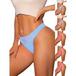 6 Packs Women's Low-Waistd Satin Bikini Panties Elastic Lace Waist Thongs Underwear -Fashion Clothing Store 7478715 Bright Pink Blue