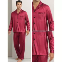 Satin Pajamas Set For Men's 2 Pieces Homewear Button Down Long Sleeve Nightshirt Casual Loungwear -Fashion Clothing Store 7478729 ALT3