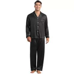 Satin Pajamas Set For Men's 2 Pieces Homewear Button Down Long Sleeve Nightshirt Casual Loungwear -Fashion Clothing Store 7478729 Black