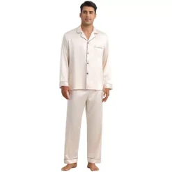 Satin Pajamas Set For Men's 2 Pieces Homewear Button Down Long Sleeve Nightshirt Casual Loungwear -Fashion Clothing Store 7478729 Champagne 1