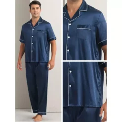 Satin Pajamas Set For Men's 2 Pieces Sleepwear Button Down Short Sleeve Sleepshirt Sleep Pants -Fashion Clothing Store 7478738 ALT3