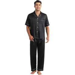 Satin Pajamas Set For Men's 2 Pieces Sleepwear Button Down Short Sleeve Sleepshirt Sleep Pants -Fashion Clothing Store 7478738 Black