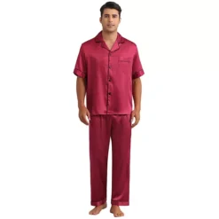 Satin Pajamas Set For Men's 2 Pieces Sleepwear Button Down Short Sleeve Sleepshirt Sleep Pants -Fashion Clothing Store 7478738 Burgundy