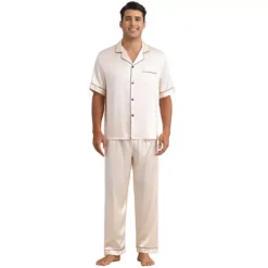 Satin Pajamas Set For Men's 2 Pieces Sleepwear Button Down Short Sleeve Sleepshirt Sleep Pants -Fashion Clothing Store 7478738 Champagne