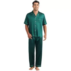 Satin Pajamas Set For Men's 2 Pieces Sleepwear Button Down Short Sleeve Sleepshirt Sleep Pants -Fashion Clothing Store 7478738 Dark Green 1