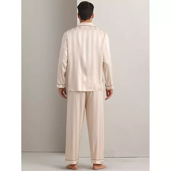 Men's 2 Pieces Satin Long Sleeve Striped Button Down Casual Pajamas Set 3 Men's 2 Pieces Satin Long Sleeve Striped Button Down Casual Pajamas Set - Image 3
