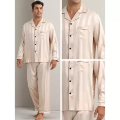 Men's 2 Pieces Satin Long Sleeve Striped Button Down Casual Pajamas Set 10 Men's 2 Pieces Satin Long Sleeve Striped Button Down Casual Pajamas Set -Fashion Clothing Store 7478744 ALT3