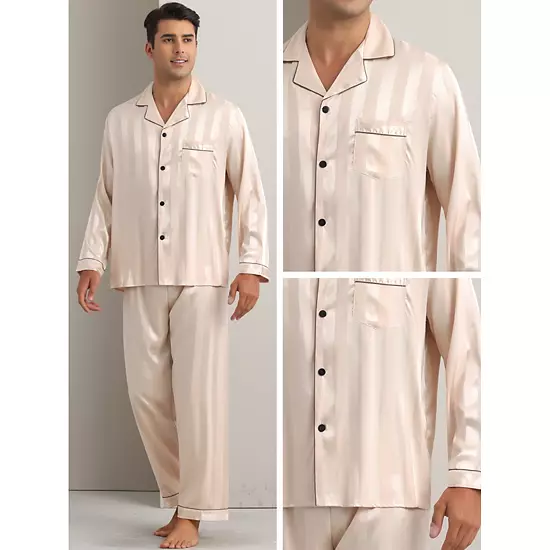 Men's 2 Pieces Satin Long Sleeve Striped Button Down Casual Pajamas Set 4 Men's 2 Pieces Satin Long Sleeve Striped Button Down Casual Pajamas Set - Image 4