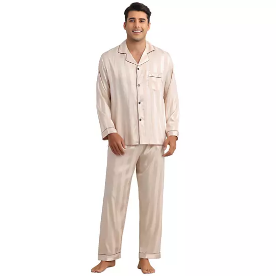Men's 2 Pieces Satin Long Sleeve Striped Button Down Casual Pajamas Set 7 Men's 2 Pieces Satin Long Sleeve Striped Button Down Casual Pajamas Set - Image 7