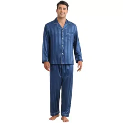 Men's 2 Pieces Satin Long Sleeve Striped Button Down Casual Pajamas Set 12 Men's 2 Pieces Satin Long Sleeve Striped Button Down Casual Pajamas Set -Fashion Clothing Store 7478744 Navy Blue 1