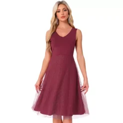 Sequin Lace Dress For Women's V Neck Sleeveless Wedding Guest Dress -Fashion Clothing Store 7478784 Wine Red 1
