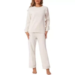 Womens Sweatsuits 2 Piece Outfit Fuzzy Flannel Lounge Sets Sweater Pants Pajama Sets -Fashion Clothing Store 7478886 Beige
