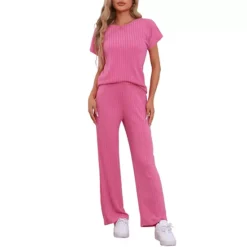 Womens Ribbed Knit Sweatsuit Round Neck 2 Piece Set Loungewear Short Sleeve Tracksuit