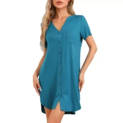 Womens Nightgowns V-Neck Nightshirt Button Up Sleepwear Short Sleeve Pajamas Sleep Dress 12 Womens Nightgowns V-Neck Nightshirt Button Up Sleepwear Short Sleeve Pajamas Sleep Dress -Fashion Clothing Store 7479268 Lake Blue 1