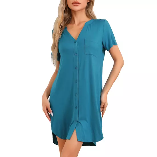 Womens Nightgowns V-Neck Nightshirt Button Up Sleepwear Short Sleeve Pajamas Sleep Dress 6 Womens Nightgowns V-Neck Nightshirt Button Up Sleepwear Short Sleeve Pajamas Sleep Dress - Image 6