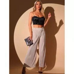 Wide Leg Pants For Women's Pleated Shiny High Waist Elastic Nightout Outfit Party Clubwear Trousers -Fashion Clothing Store 7479911 ALT2