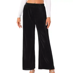 Wide Leg Pants For Women's Pleated Shiny High Waist Elastic Nightout Outfit Party Clubwear Trousers -Fashion Clothing Store 7479911 Black 1