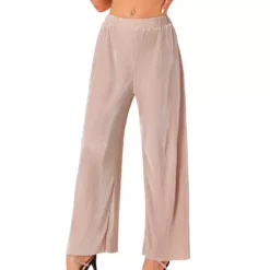 Wide Leg Pants For Women's Pleated Shiny High Waist Elastic Nightout Outfit Party Clubwear Trousers -Fashion Clothing Store 7479911 Pink