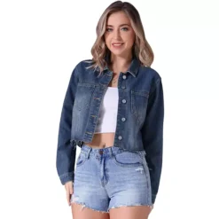 Women's Jean Jackets Long Sleeve Frayed Hem Trendy Cropped Denim Jacket