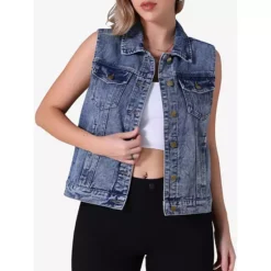 Women's Denim Vest Button Down Jacket W Chest Flap Pockets Washed Distressed Sleeveless Jean Jacket