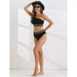 Women's Ribbed One Shoulder Bikini Sets, 2 Piece High Waist Color Braided Trim Swimwear Suits -Fashion Clothing Store 7521864 ALT2