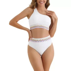 Women's Ribbed One Shoulder Bikini Sets, 2 Piece High Waist Color Braided Trim Swimwear Suits -Fashion Clothing Store 7521864 White