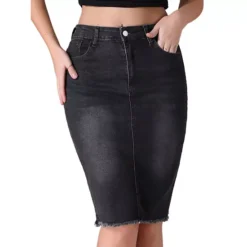 Women's Denim Skirt Raw Hem High Waisted Pockets Stretch Knee Length Jean Skirts -Fashion Clothing Store 7521886 Black 1