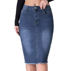 Women's Denim Skirt Raw Hem High Waisted Pockets Stretch Knee Length Jean Skirts -Fashion Clothing Store 7521886 Dark Blue