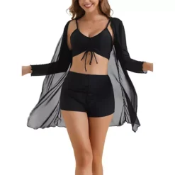 Women's Twist Ruched Bikini Sets, 3 Pieces Adjustable Straps Boyshort Cover Up Dresses Bathing Suit