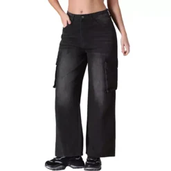 Women's Cargo Jean High Waisted Casual Baggy Wide Leg Denim Pants With Pocket