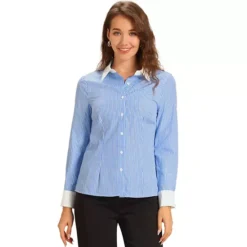Striped Blouse Top For Women's Colorblock Long Sleeve Collared Button Down Shirt