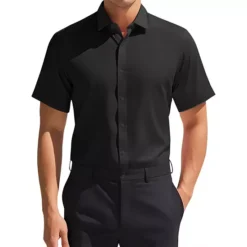 Men's Short Sleeve Stretchy Lightweight Solid Color Formal Button Down Dress Shirt -Fashion Clothing Store 7528413 Black