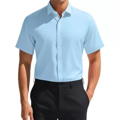 Men's Short Sleeve Stretchy Lightweight Solid Color Formal Button Down Dress Shirt -Fashion Clothing Store 7528413 Blue 1