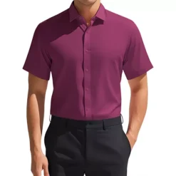 Men's Short Sleeve Stretchy Lightweight Solid Color Formal Button Down Dress Shirt -Fashion Clothing Store 7528413 Burgundy